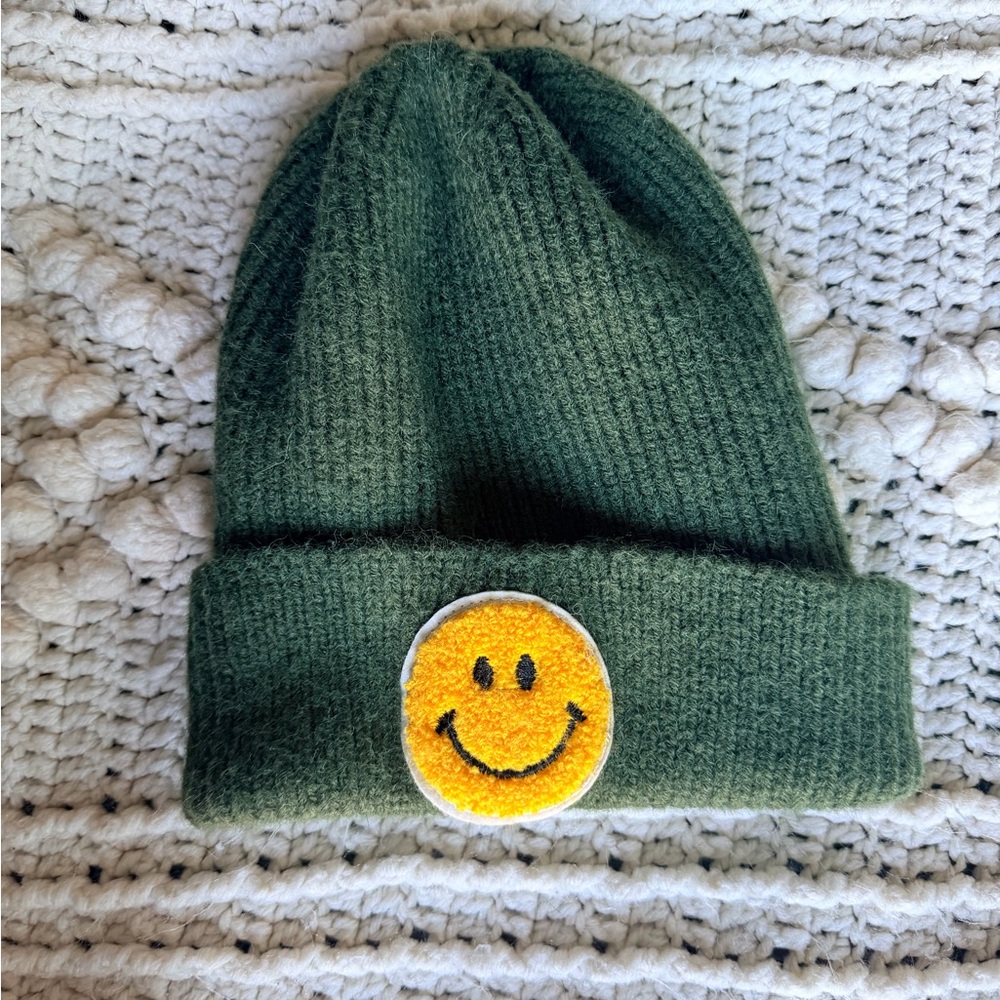 Green Beanie with Smiley Patch